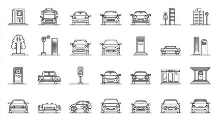 Set of 30 parking outline icons featuring linear symbols for vehicles, garages, directions and parking services in minimalist modern illustration style on white background