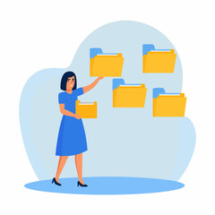 Woman managing cloud storage files accessing data and organizing digital information