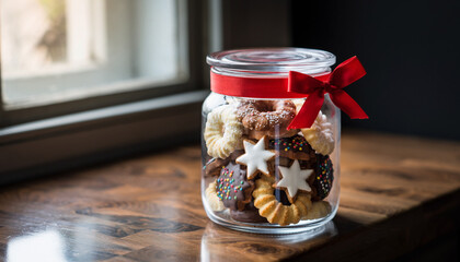 A glass jar filled with star-shaped cookies on a wooden table near a window