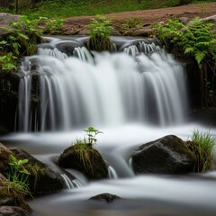 Obraz premium Tranquil Forest Waterfall with Mossy Rocks and Smooth Water