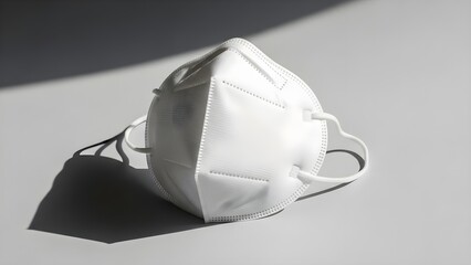 Close-up shot of a white face mask on a gray surface with a shadow, showcasing its design and straps.