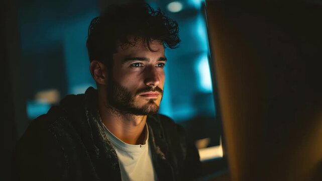 Focused individual working late at night in a dimly lit room, contemplating ideas on a computer screen with a thoughtful expression