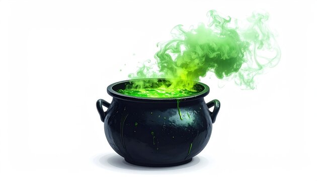 Bubbling green potion in a black cauldron with smoke