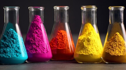 Colorful powders in glass laboratory flasks arranged in a row.