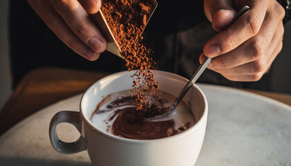 Sprinkling cocoa powder into a white coffee cup on a marble table