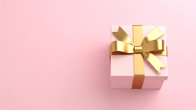 A single white gift box with a gold ribbon and bow sits on a soft pink background