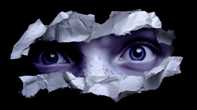 Intriguing eyes peering through a torn paper opening, conveying mystery and curiosity