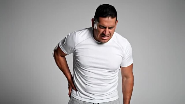 Man Experiencing Lower Back Pain Holding His Back in Discomfort on A Grey Background