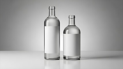 Two clear glass bottles with blank white labels on a reflective surface against a gray gradient background.