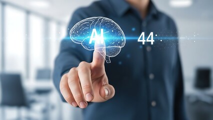 Man touching glowing brain hologram with artificial intelligence AI text and data