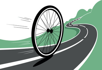 Bicycle Wheel Rolling Fast on Winding Road Speed Concept Vector