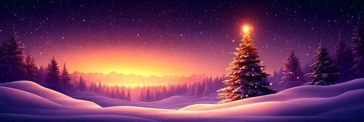 Obraz premium A Christmas tree stands alone in a snowy field. It is decorated and lit up, with the sunset casting warm colors in the background. Snow covers the ground and trees.