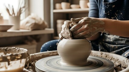 Skilled hands of a potter shaping clay on a wheel in a rustic workshop setting