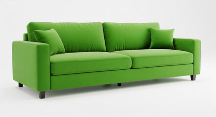 Fototapeta premium Green sofa in room: A vibrant green sofa with two cushions. inviting and modern interior design concept. 