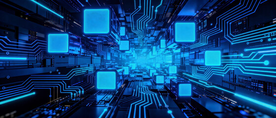 Glowing blue rectangles overlay circuit patterns in a digital abstract background, forming a high-tech and visually striking composition.