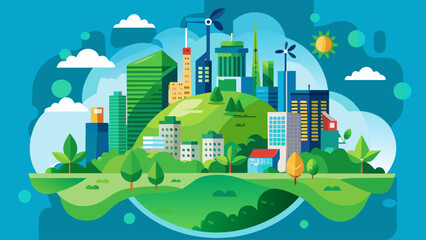 Green Eco-Friendly City Skyline &ndash; Sustainable Urban Living, Clean Energy, Renewable Resources, Environment Protection Vector Illustration