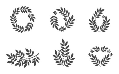 Black laurel wreaths and branch elements. Award and decoration designs with natural leaf patterns.