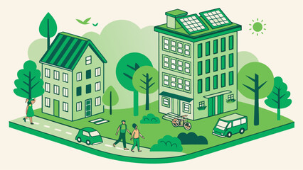Fototapeta premium Green Eco-Friendly City Skyline – Sustainable Urban Living, Clean Energy, Renewable Resources, Environment Protection Vector Illustration