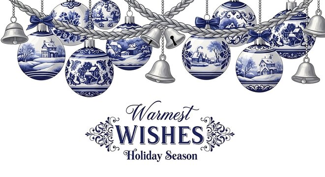 Elegant Delftware Style Christmas Ornaments and Silver Bells Garland with Warmest Wishes Greeting - Powered by Adobe