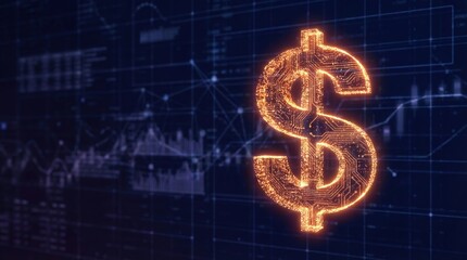Digital dollar sign illuminated against a dark background filled with financial graphs and data, symbolizing investment opportunities and stock market trends in modern finance