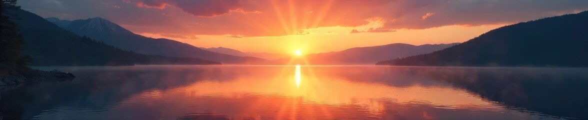Fototapeta premium Serene sunrise over a tranquil lake, reflecting the peaceful and hopeful feeling of spiritual awakening Perfect for themes of faith, meditation, and inner peace , tranquility, horizon