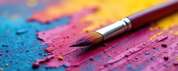 Fototapeta premium Close-up of a paintbrush resting on a vibrant, colorful canvas, symbolizing artistic creation and expression , vibrant, visual, composition
