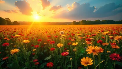 Fototapeta premium Golden hour sunlight bathes a vast, vibrant field of wildflowers in a breathtaking display of nature's beauty Perfect for summer, agriculture, or environmental themes , flora, field