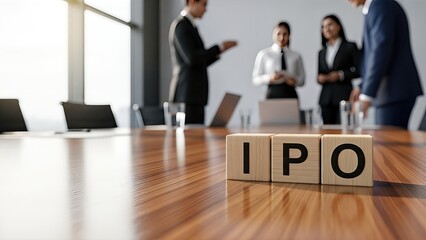 Business professionals discussing stock indices and investments in a modern office, with wooden table featuring IPO blocks, highlighting financial growth and opportunities