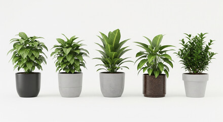 Fototapeta premium Nature's Green Harmony: A captivating array of lush green plants in elegant pots, a symbol of life and vitality, create a tranquil atmosphere with their unique shapes and textures.