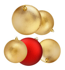 photograph of five festive matte christmas ornaments, four gold and one red, loosely arranged on a...