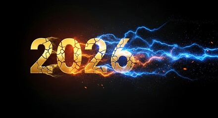 Dynamic 2026 New Year Celebration with Cracked Golden Numbers and Energetic Particles