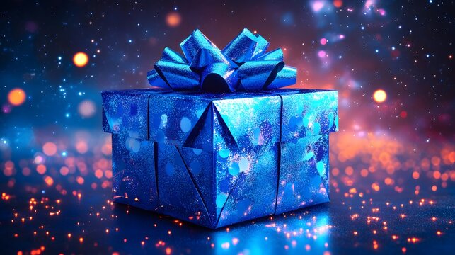 A bright blue gift box is placed on a table. The surrounding area glows with sparkling lights. This scene captures a festive moment in the evening. - Powered by Adobe