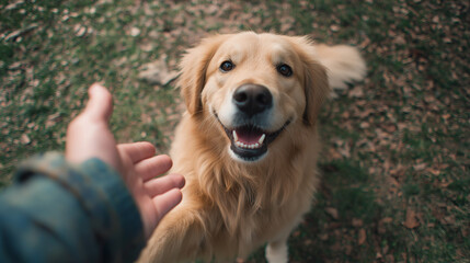Happy golden retriever giving paw to human hand in park, showing loyalty and joy