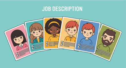 Flat lay of diverse cartoon character profiles on colored cards with text boxes on a teal background.