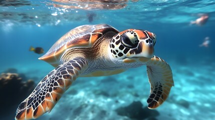 Green sea turtle swims gracefully in clear blue ocean waters near coral reef during midday sunlight