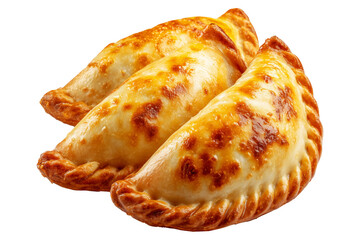Argentina and Uruguay empanadas stacked in a pyramid, golden baked crust, meat and potato filling, isolated on white background