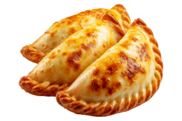 Argentina and Uruguay empanadas stacked in a pyramid, golden baked crust, meat and potato filling, isolated on white background