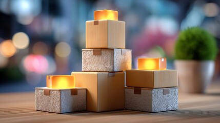 Stacked product boxes on desk with floating stock level indicators glowing above each stack, warehouse-office background blur, 4k