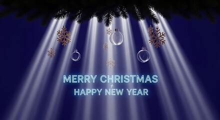 Festive Christmas and New Year Greeting on Dark Blue Background with Ornaments
