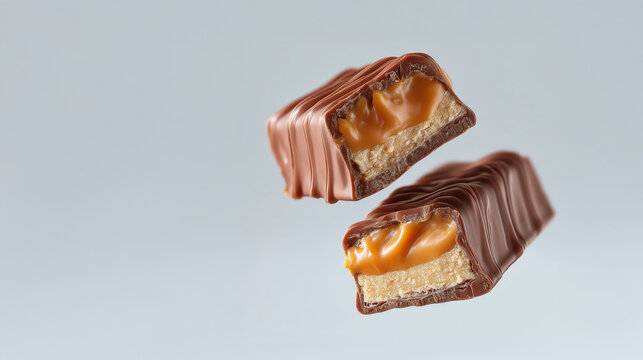 Close-up of delicious caramel chocolate bars with nougat filling, isolated on light background