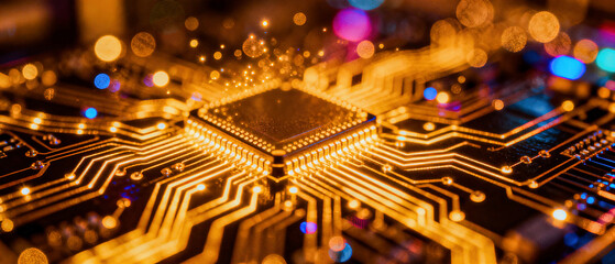 Glowing golden circuit board pattern with luminous microchip connections creates a futuristic, high-tech, and visually striking technological background.