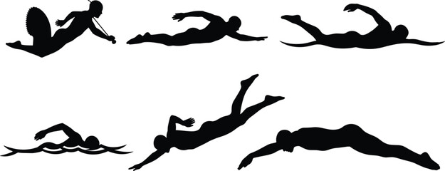 Mermaid, swimmer, silhouette, dive, freestyle, backstroke, underwater, splash, motion, fantasy, athlete, sport, action, technique, dynamic, minimal, water, pose, black, white