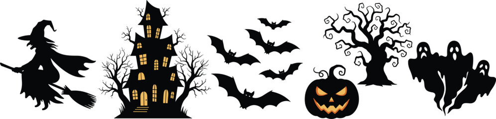 Halloween silhouettes, witch flying, haunted house, glowing windows, bats, jack-o'-lantern, creepy tree, spooky ghosts, eerie icons, festive clipart