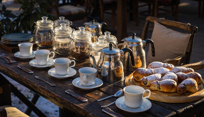 A serene outdoor breakfast setting with a wooden table adorned with pastries, teacups, and teapots in a warm morning light