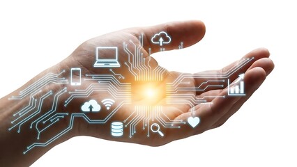 Hand holding digital technology icons network connection concept