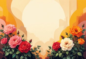 An elegant digital illustration featuring a lush border of pink, red, orange, and white roses and foliage, set against a soft, abstract backdrop of warm sunset tones