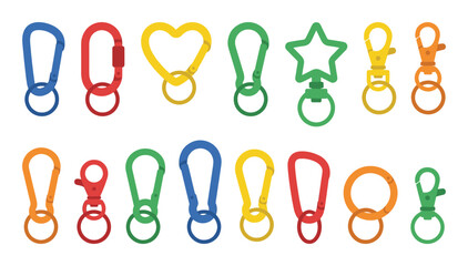 Bright colorful set of carabiners, lobster claw clasps, key rings. metal clips. various shapes. bags.
