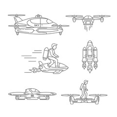 Future transport concepts featuring flying cars, drones, jetpacks, and hoverboards for innovative urban mobility and adventure