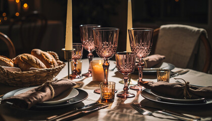 An elegantly set dining table with pink glasses, candles, and bread for a festive dinner.