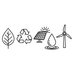 Sustainable energy icons for a greener future showing leaf, recycle, solar panel, water drop, and wind turbine concepts.